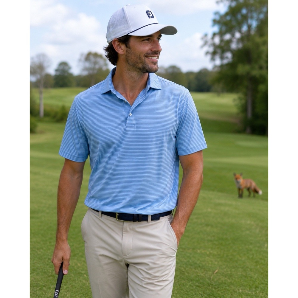 FootJoy  SHIRT MENS  Medium Blue Whit Stripe Performance Golf Polo